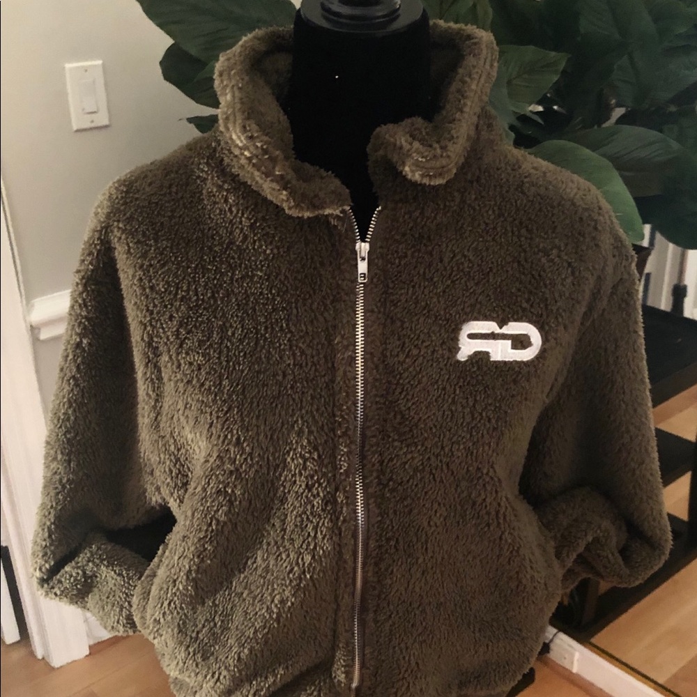 Olive Green Sherpa Slouchy Zip Up Fleece Jacket